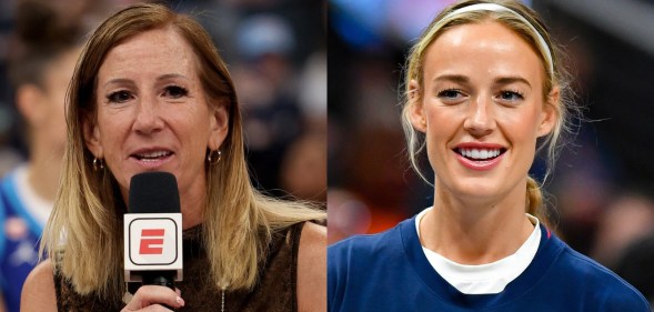 WNBA Commissioner Cathy Engelbert speaking, beside image of Sophie Cunningham ahead of game