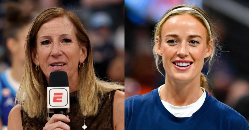 WNBA Commissioner Cathy Engelbert speaking, beside image of Sophie Cunningham ahead of game