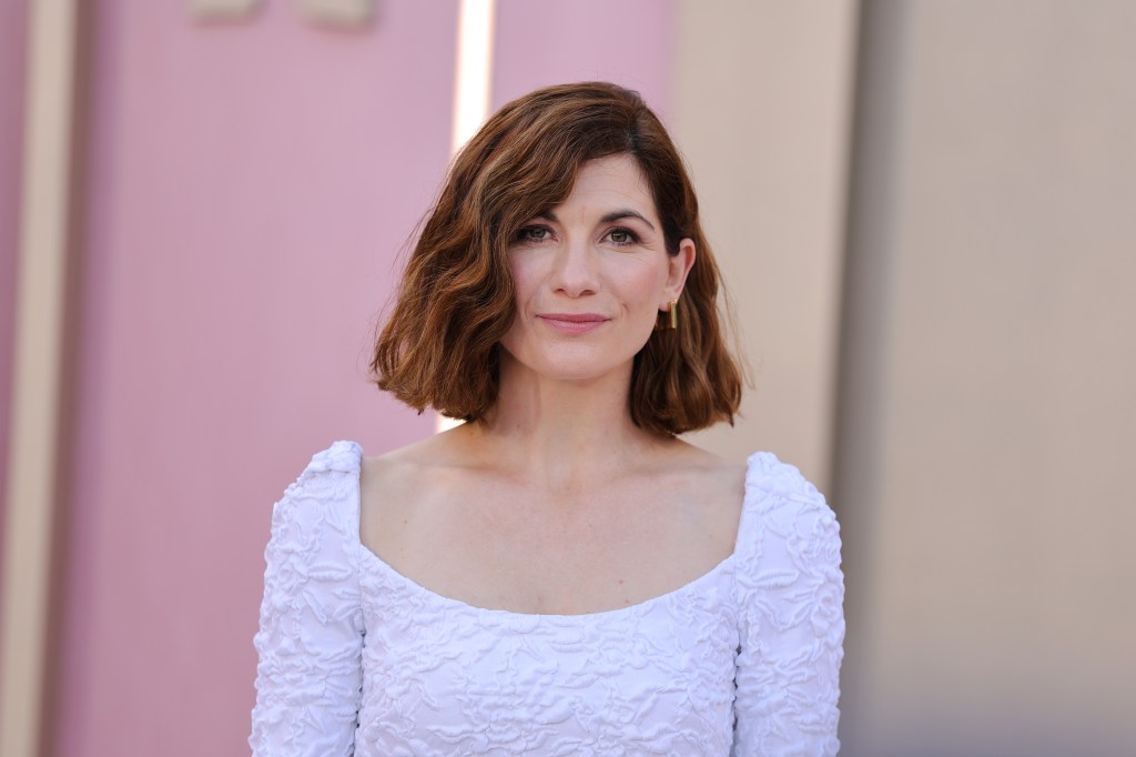 Jodie Whittaker in a white textured dress