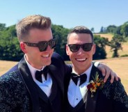 Wedding photo of gay rugby player Kyle Tayler married George Woolston.
