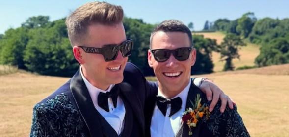 Wedding photo of gay rugby player Kyle Tayler married George Woolston.