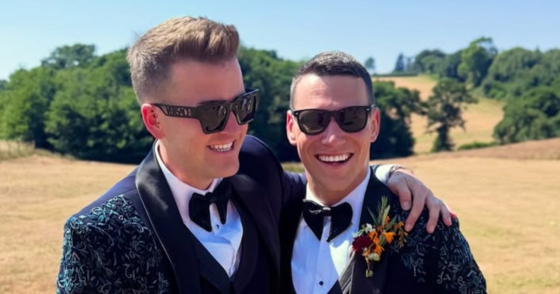 Wedding photo of gay rugby player Kyle Tayler married George Woolston.