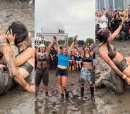 Lollapalooza's Lesbian Mud Wrestling, images of women wrestling in the mud.