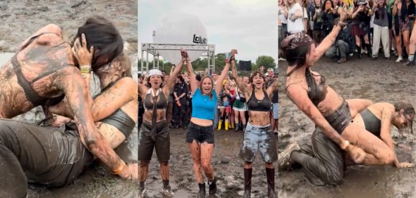Lollapalooza's Lesbian Mud Wrestling, images of women wrestling in the mud.