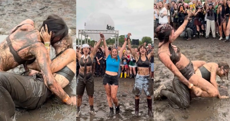 Lollapalooza's Lesbian Mud Wrestling, images of women wrestling in the mud.