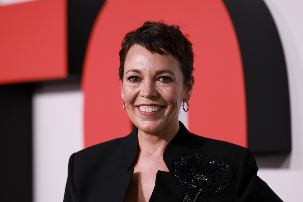 Olivia Colman in a black suit