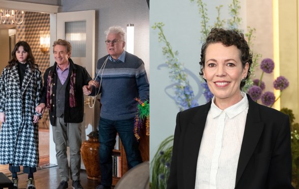Mabel (Selena Gomez), Oliver (Martin Short) and Charles (Steve Martin) and Olivia Colman headshot