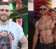Gus Kenworthy smiling at the camera, next an image of him and his boyfriend Andrew Rigby. Both of them are shirtless, embracing at a festival.
