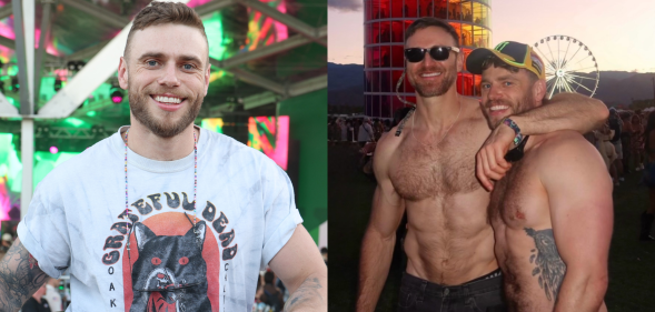 Gus Kenworthy smiling at the camera, next an image of him and his boyfriend Andrew Rigby. Both of them are shirtless, embracing at a festival.