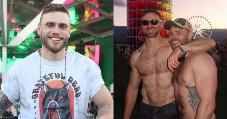 Gus Kenworthy smiling at the camera, next an image of him and his boyfriend Andrew Rigby. Both of them are shirtless, embracing at a festival.