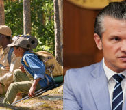 A scoutmaster and young scout next to an image of Pete Hegseth