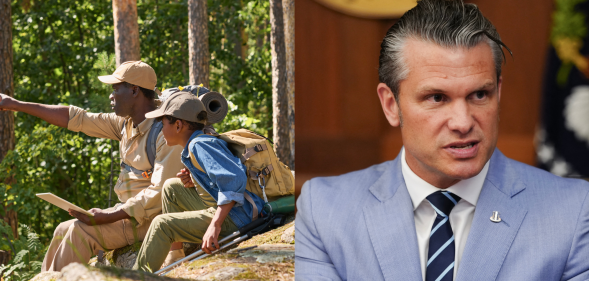 A scoutmaster and young scout next to an image of Pete Hegseth