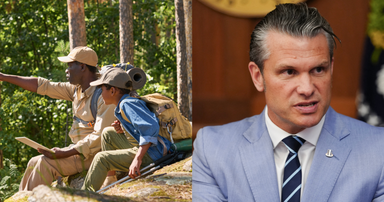 A scoutmaster and young scout next to an image of Pete Hegseth