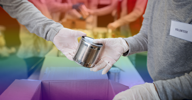 Volunteers passing cans in a food bank with a rainbow background