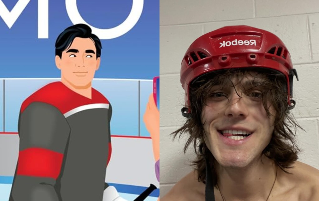 Role Model book cover Troy character. Headshot of Charlie Gillespie in a red hockey helmet