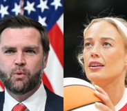 headshot of JD Vance in a navy suit in front of the American flag. Headshot of Sophie Cunningham in a red sweater holding a basksetball