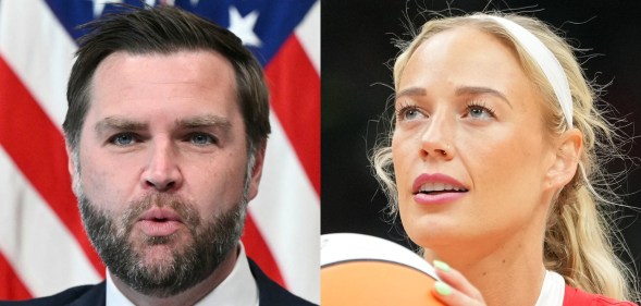 headshot of JD Vance in a navy suit in front of the American flag. Headshot of Sophie Cunningham in a red sweater holding a basksetball