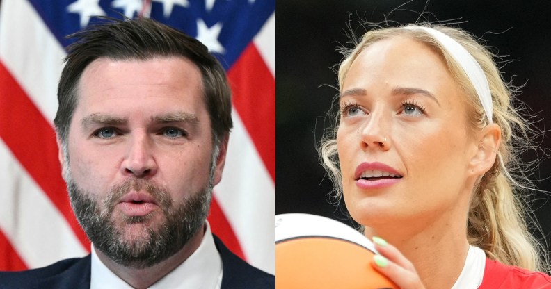 headshot of JD Vance in a navy suit in front of the American flag. Headshot of Sophie Cunningham in a red sweater holding a basksetball
