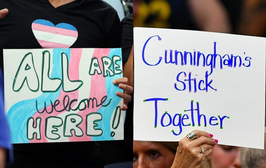 Two seperate images of fans in WNBA crowd. One holding an 'all are welcome here' in trans flag colours. The other reading 'Cunningham's stick together'