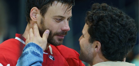 François Arnaud as Scott Hunter and Robbie G.K. as Kip Grady in Episode 105 of Heated Rivalry.