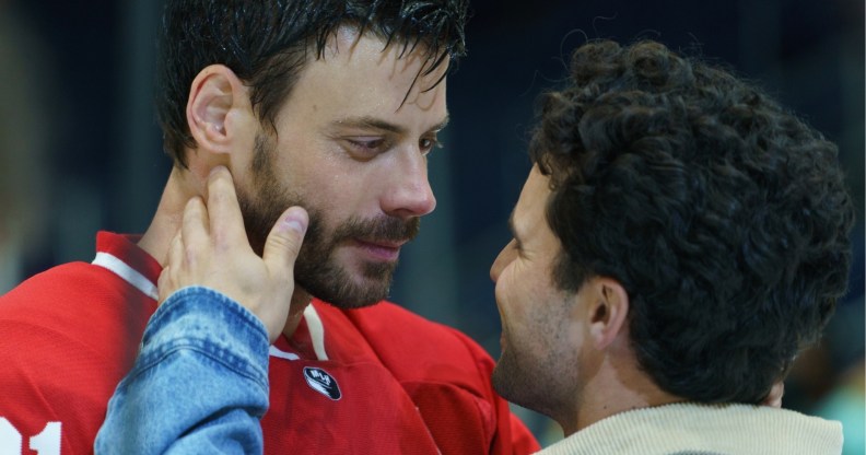 François Arnaud as Scott Hunter and Robbie G.K. as Kip Grady in Episode 105 of Heated Rivalry.