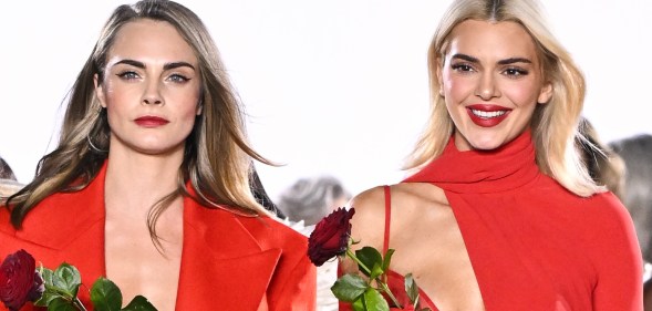 PARIS, FRANCE - SEPTEMBER 23: (EDITORIAL USE ONLY - For Non-Editorial use please seek approval from Fashion House) Cara Delevingne and Kendall Jenner walk the runway during "Le Défilé L'Oréal Paris – Walk Your Worth" Womenswear Spring-Summer 2025 show as part of Paris Fashion Week on September 23, 2024 in Paris, France. (Photo by Stephane Cardinale - Corbis/Corbis via Getty Images)