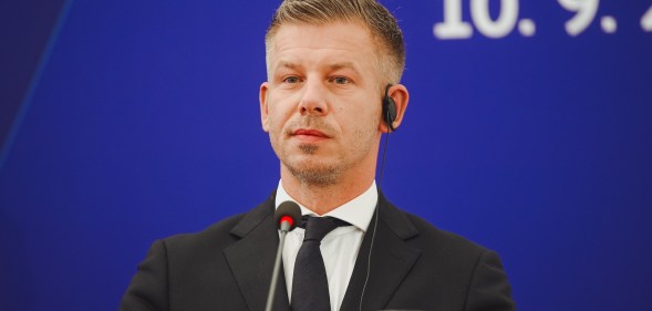 BRATISLAVA, SLOVAKIA - SEPTEMBER 10: Hungarian Prime Minister Peter Magyar attends a joint press conference at the V4+Ireland summit at Bratislava Castle in Bratislava, Slovakia, on September 10, 2026. The leaders are discussing the EUâs next long-term budget, energy prices, migration and future EU enlargement. Ireland currently holds the rotating presidency of the Council of the European Union. (Photo by Robert Nemeti/Anadolu via Getty Images)