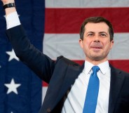 Democratic presidential hopeful former Mayor of South Bend, Indiana, Pete Buttigieg waves as he arrives to speak during a rally in Columbia, South Carolina, on February 28, 2020. (Photo by JIM WATSON / AFP) (Photo by JIM WATSON/AFP via Getty Images)