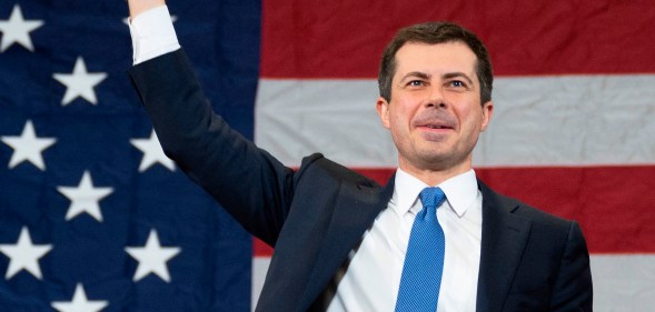 Democratic presidential hopeful former Mayor of South Bend, Indiana, Pete Buttigieg waves as he arrives to speak during a rally in Columbia, South Carolina, on February 28, 2020. (Photo by JIM WATSON / AFP) (Photo by JIM WATSON/AFP via Getty Images)