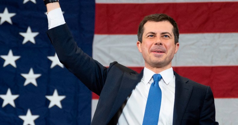 Democratic presidential hopeful former Mayor of South Bend, Indiana, Pete Buttigieg waves as he arrives to speak during a rally in Columbia, South Carolina, on February 28, 2020. (Photo by JIM WATSON / AFP) (Photo by JIM WATSON/AFP via Getty Images)