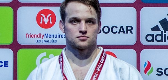BERCY, FRANCE, 5 FEBRUARY: Triple German national champion, Timo Cavelius, 26, wearing his u81kg (light-middleweight) silver medal and showing his prize money cheque during day 2 of the 2023 Paris Judo Grand Slam (4-5 February) at the Accorhotels Arena in Bercy, Paris, France. (Photo by David Finch/Getty Images)