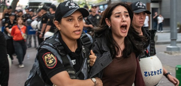 Turkish police detain dozens of LGBTQ+ rights protesters in Ankara, on September 15, 2026. (Getty)