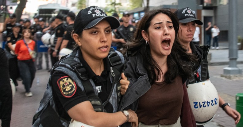 Turkish police detain dozens of LGBTQ+ rights protesters in Ankara, on September 15, 2026. (Getty)