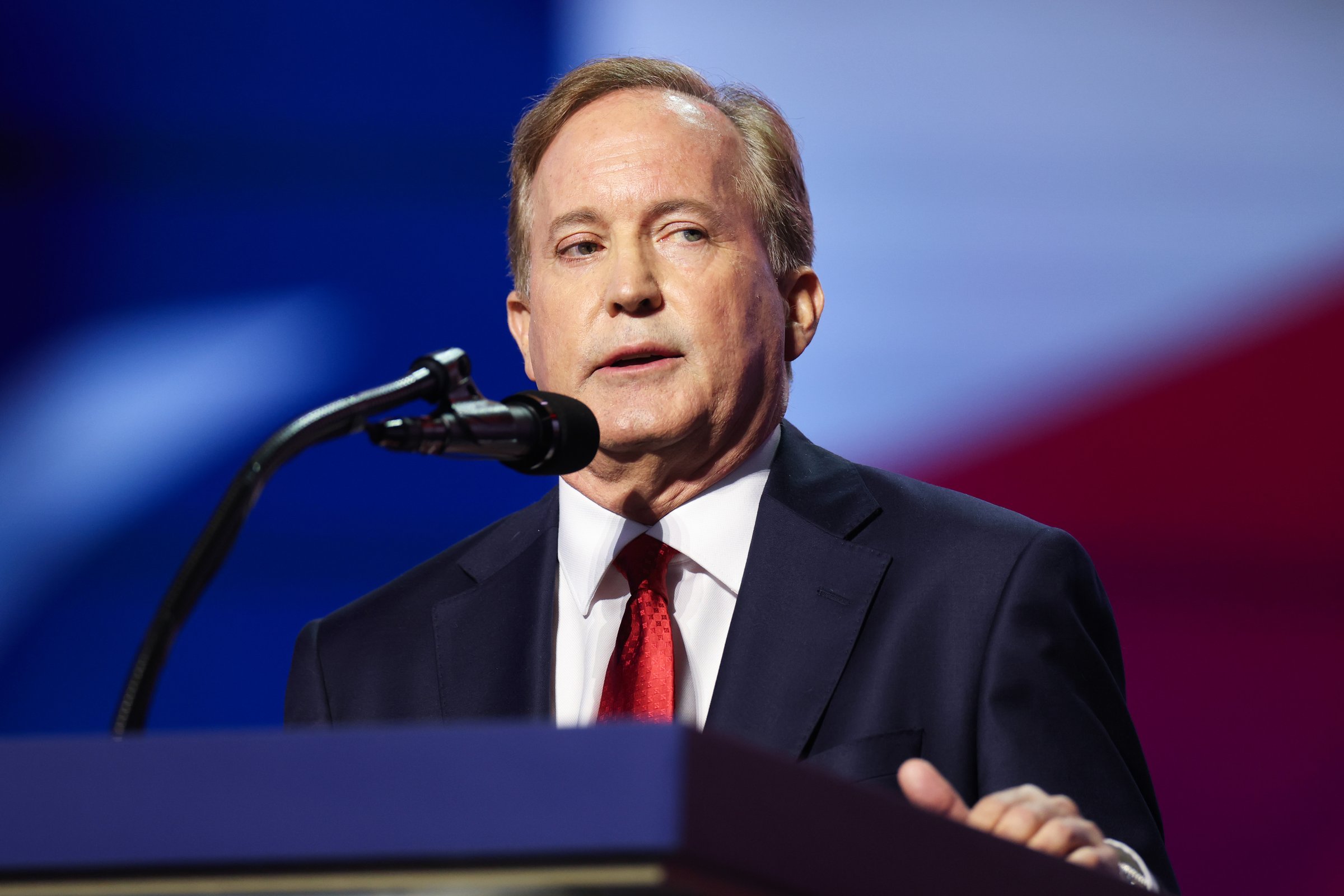 DALLAS, TEXAS - SEPTEMBER 09: Texas Republican Senate candidate, Texas Attorney General Ken Paxton speaks on stage on the first day of the 2026 Republican National Convention at the American Airlines