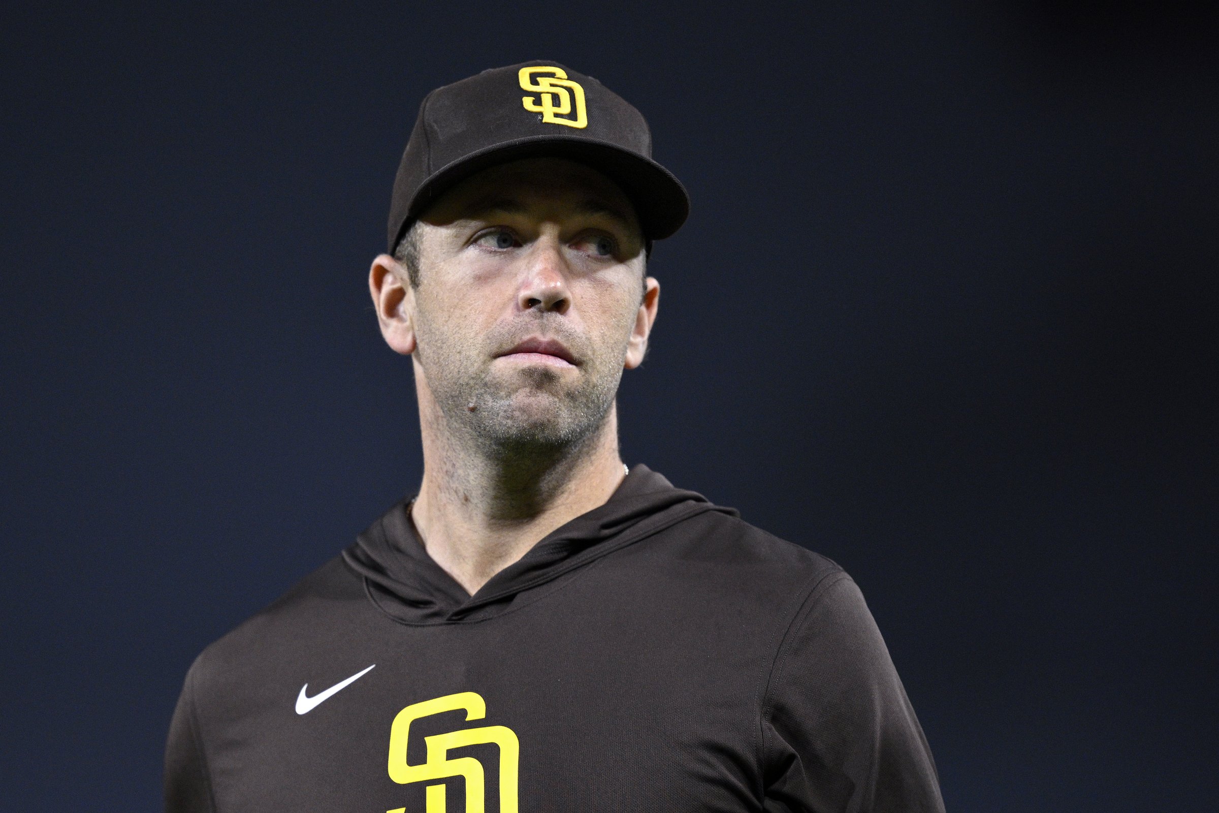 Jason Adam #40 of the San Diego Padres looks on after the game against the Arizona Diamondbacks at Petco Park on July 08, 2026 in San Diego, California.