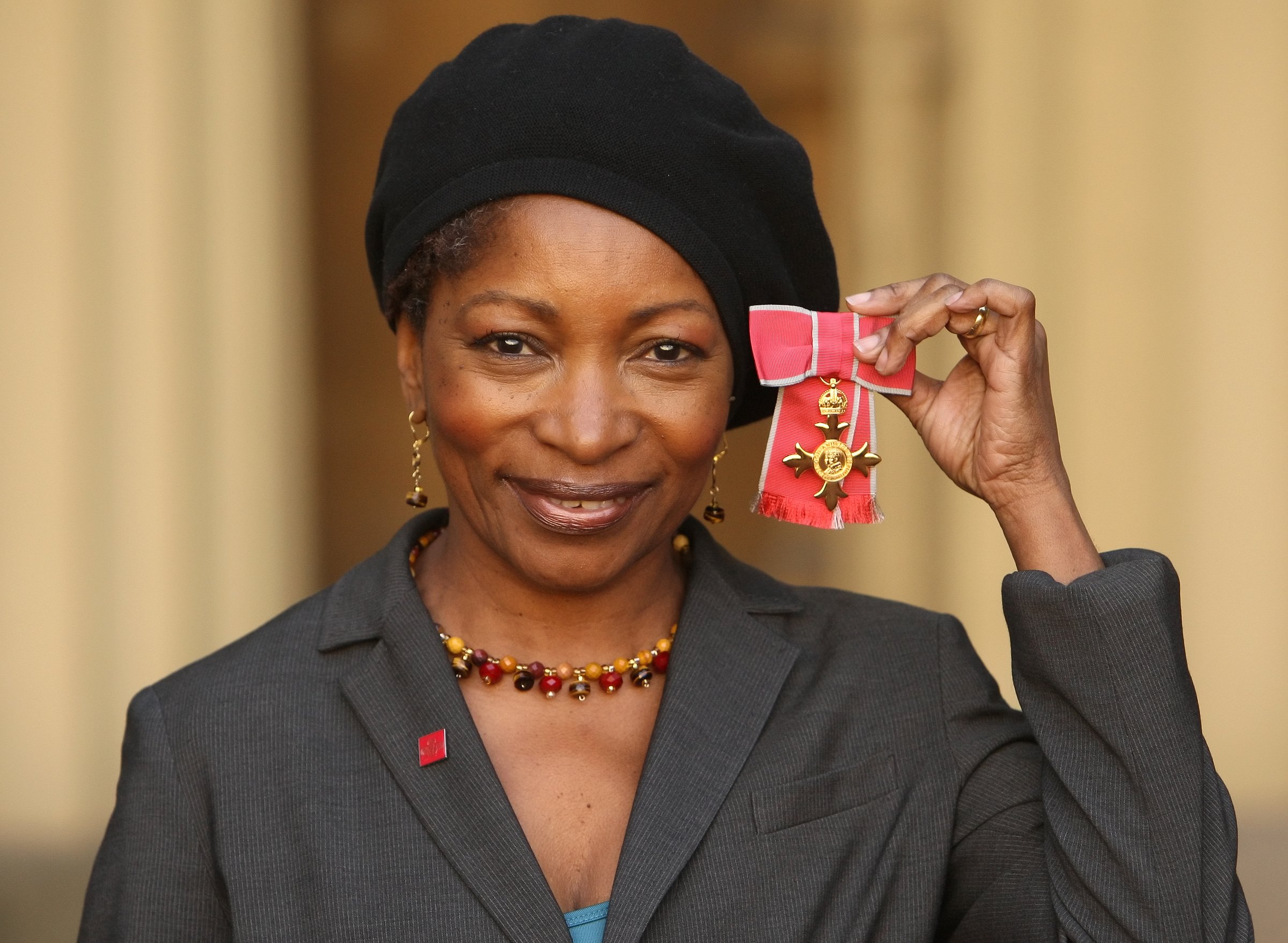 LONDON - NOVEMBER 19: Playwright Bonnie Greer after she was awarded her Officer of the British Empire (OBE) medal from the Prince of Wales, at an investiture ceremony at Buckingham Palace, November 19