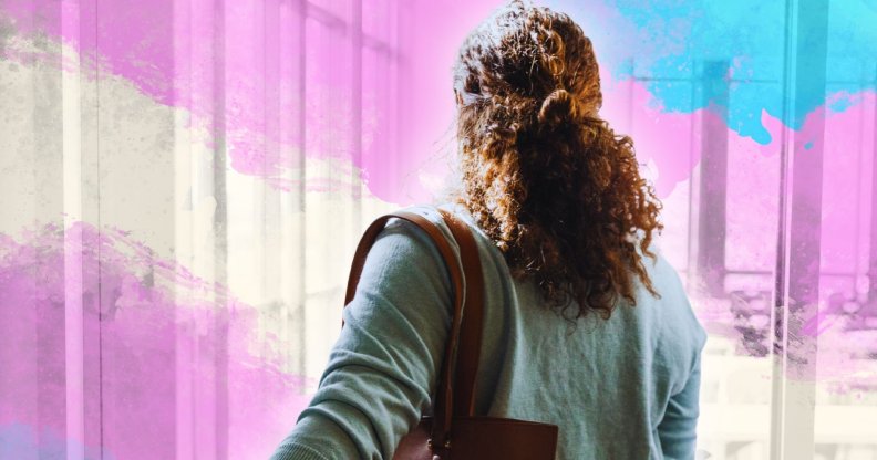 A teacher entering a classroom, with an edited trans gradient.