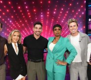 BURBANK, CALIFORNIA - September 24, 2026: "Dancing with the Stars" contestants Tyler Cameron and Jackson Olson and pros Emma Slater, Sharna Burges and Alan Bersten appear with Jennifer Hudson on "Th