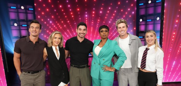 BURBANK, CALIFORNIA - September 24, 2026: "Dancing with the Stars" contestants Tyler Cameron and Jackson Olson and pros Emma Slater, Sharna Burges and Alan Bersten appear with Jennifer Hudson on "Th