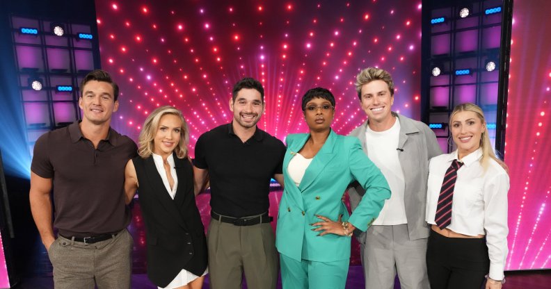 BURBANK, CALIFORNIA - September 24, 2026: "Dancing with the Stars" contestants Tyler Cameron and Jackson Olson and pros Emma Slater, Sharna Burges and Alan Bersten appear with Jennifer Hudson on "Th