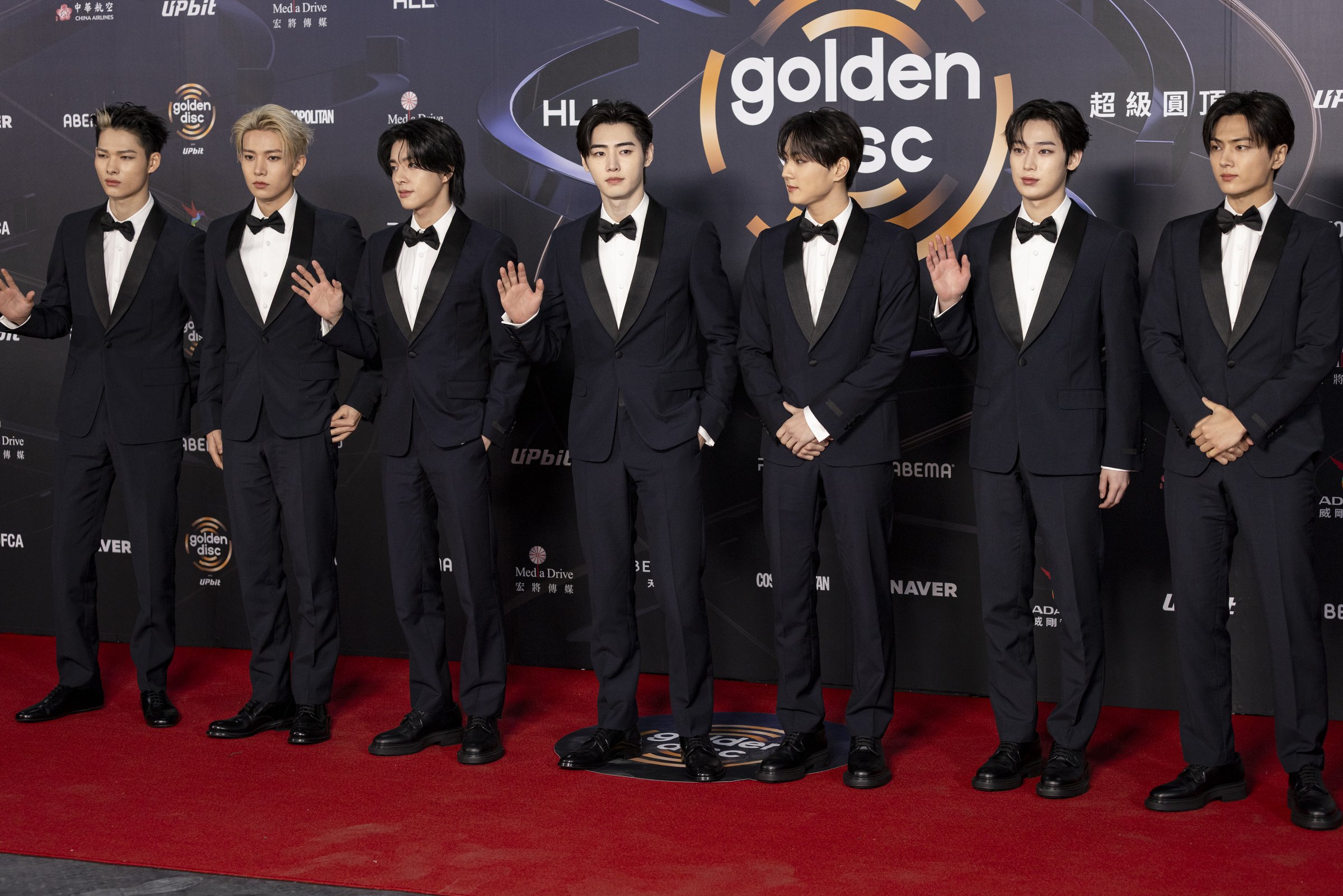 ENHYPEN’s Ni-ki, Heeseung, Jake, Sunghoon, Yang Jungwon, Sunwoo, and Jay attend The 40th Golden Disc Awards with Upbit Red Carpet Event at Taipei Dome on January 10, 2026 in Taipei, Taiwan. (Photo by