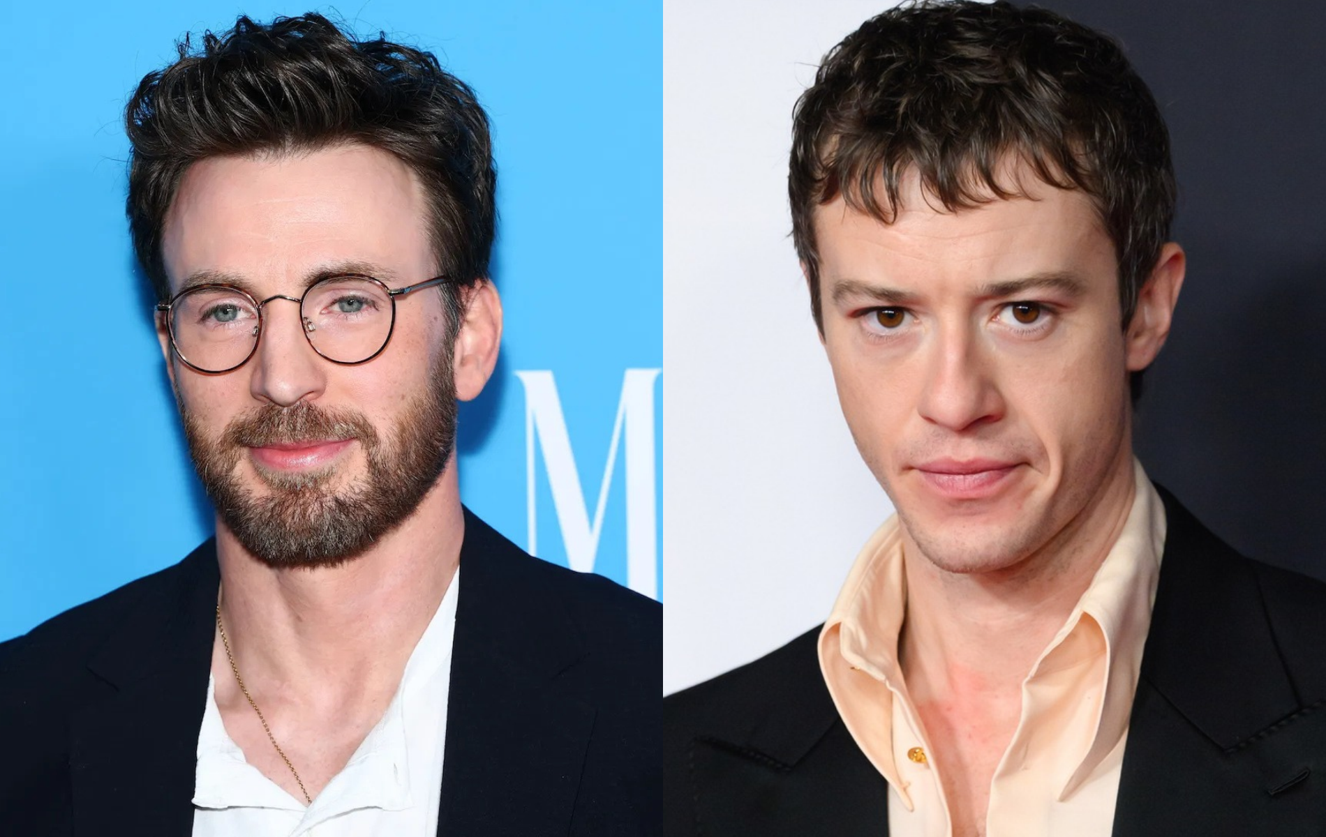 Side by side images of Chris Evans and Joseph Quinn at red carpet events