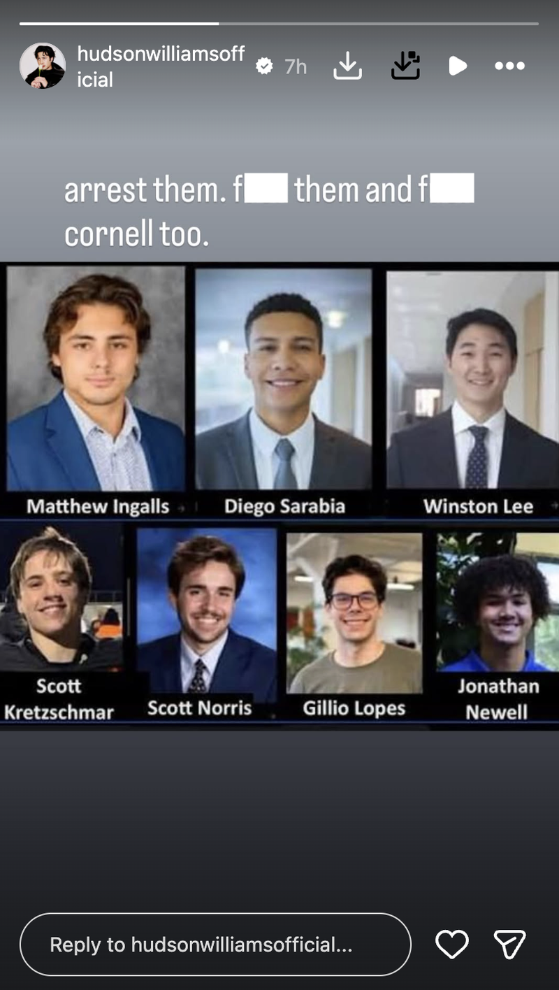 Hudson Williams posts an Instagram story calling out Cornell and the seven men named in the civil lawsuit over an alleged sexual assault case.
