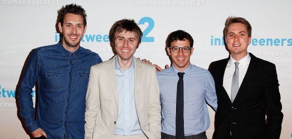 SYDNEY, AUSTRALIA - AUGUST 13: (L-R) Blake Harrison, James Buckley, Simon Bird and Joe Thomas arrive at the premier of The Inbetweeners 2 at Event Cinemas George Street on August 13, 2014 in Sydney,