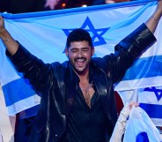 VIENNA, AUSTRIA - MAY 17: Noam Bettan representing Israel and guests celebrate during the Grand Final of the 70th Eurovision Song Contest at Wiener Stadthalle on May 17, 2026 in Vienna, Austria. (Photo by Christian Bruna/Getty Images)