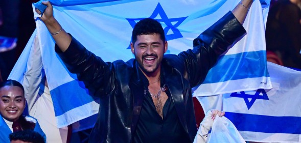 VIENNA, AUSTRIA - MAY 17: Noam Bettan representing Israel and guests celebrate during the Grand Final of the 70th Eurovision Song Contest at Wiener Stadthalle on May 17, 2026 in Vienna, Austria. (Photo by Christian Bruna/Getty Images)