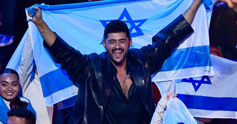 VIENNA, AUSTRIA - MAY 17: Noam Bettan representing Israel and guests celebrate during the Grand Final of the 70th Eurovision Song Contest at Wiener Stadthalle on May 17, 2026 in Vienna, Austria. (Photo by Christian Bruna/Getty Images)