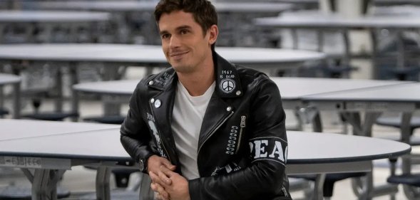 Antoni Porowski wearing the leather jacket designed by James Concannon on "Queer Eye" season four.
