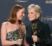 Hannah Einbinder, Jean Smart for "Hacks", pose with the Supporting Actress in a Comedy Series and Lead Actress in a Comedy Series awards, respectively at the 77th Primetime Emmy Awards held at the Pea