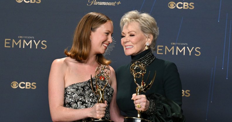 Hannah Einbinder, Jean Smart for "Hacks", pose with the Supporting Actress in a Comedy Series and Lead Actress in a Comedy Series awards, respectively at the 77th Primetime Emmy Awards held at the Pea